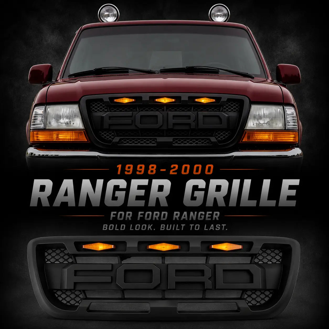 Matte Black Front Grille For 1998–2000 Ford Ranger Raptor Style with L ...