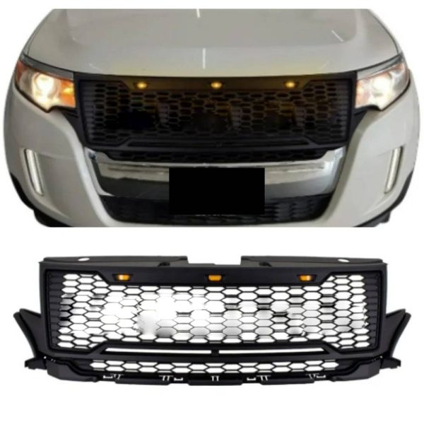 2012-2015 Ford Edge Front Grille Mesh Grill w/ LED Lights & Letters Matte Black