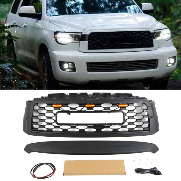 Front Grille Fit For 2010-2021 TOYOTA SEQUOIA TRD Pro Grill with Badge & Amber LED Lights