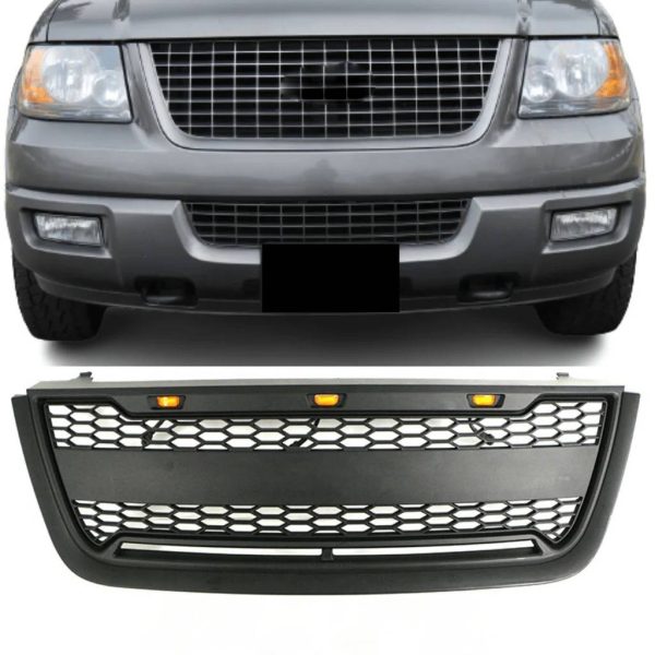 Front Grille for 2003 2004 2005 2006 Ford Expedition Raptor Upper Bumper Grill w/LED Lights