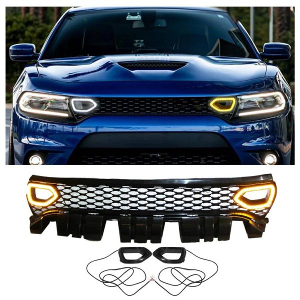 Grille For 2015-2022 Dodge Charger SRT Scat Pack Upper Grill With 2 LED Smoked Lights