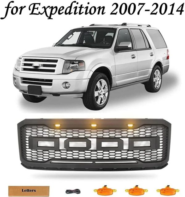 Front Grille for 2007-2014 Ford Expedition Raptor Upper Bumper Grill Black w/LED - Image 2