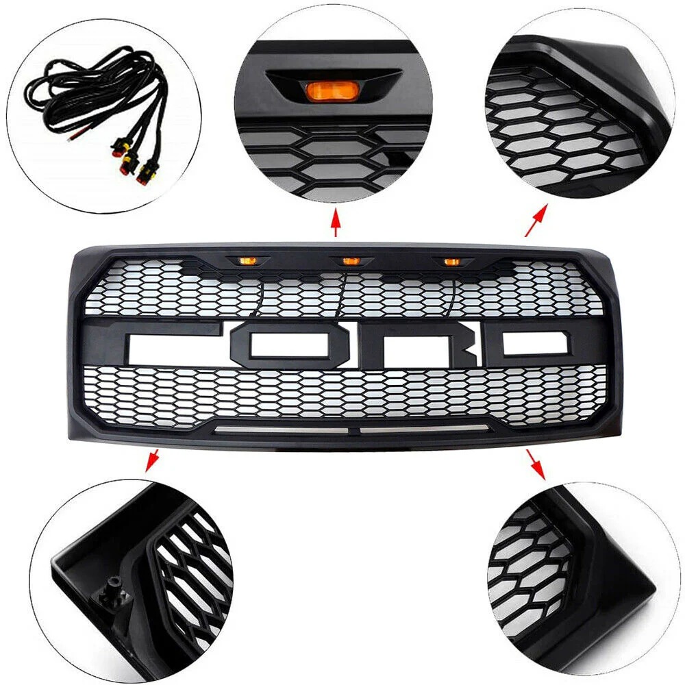 2009 2010 2011 2012 2013 2014 Ford F150 Raptor Style Grill Front Bumper Grille w/LED Lights Matte Black