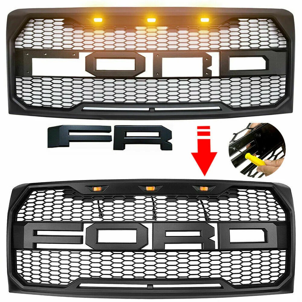 2009 2010 2011 2012 2013 2014 Ford F150 Raptor Style Grill Front Bumper Grille w/LED Lights Matte Black