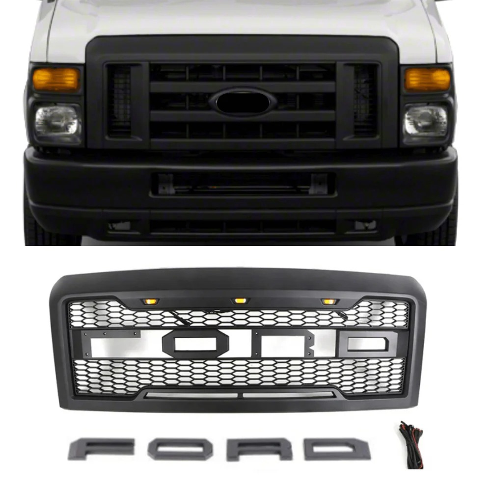 2009 2010 2011 2012 2013 2014 Ford F150 Raptor Style Grill Front Bumper Grille w/LED Lights Matte Black